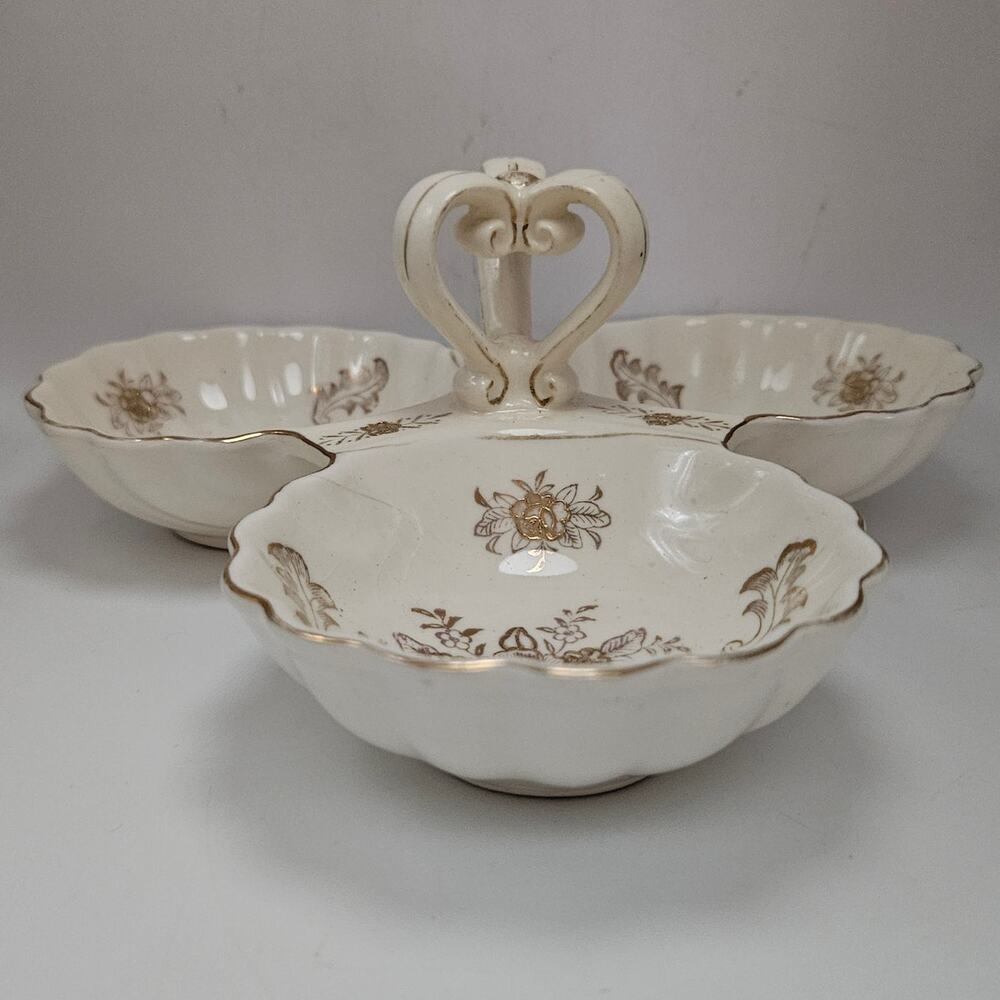 Vintage Japan 3 Section Relish Candy Nut Dish Gold Floral Handle Bowl